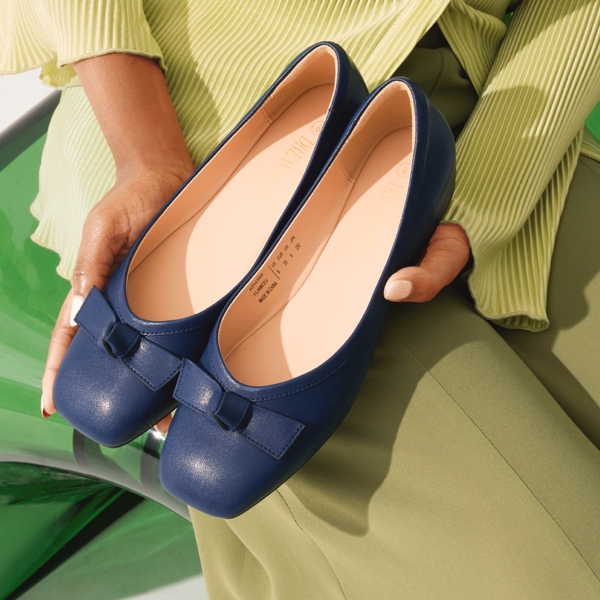 Square Toe Low Wedge Bow Flats - NAVY - 1